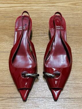 Jeffrey Campbell Red Patent Slingback Kitten Heels Pointed Toe Buckle Detail